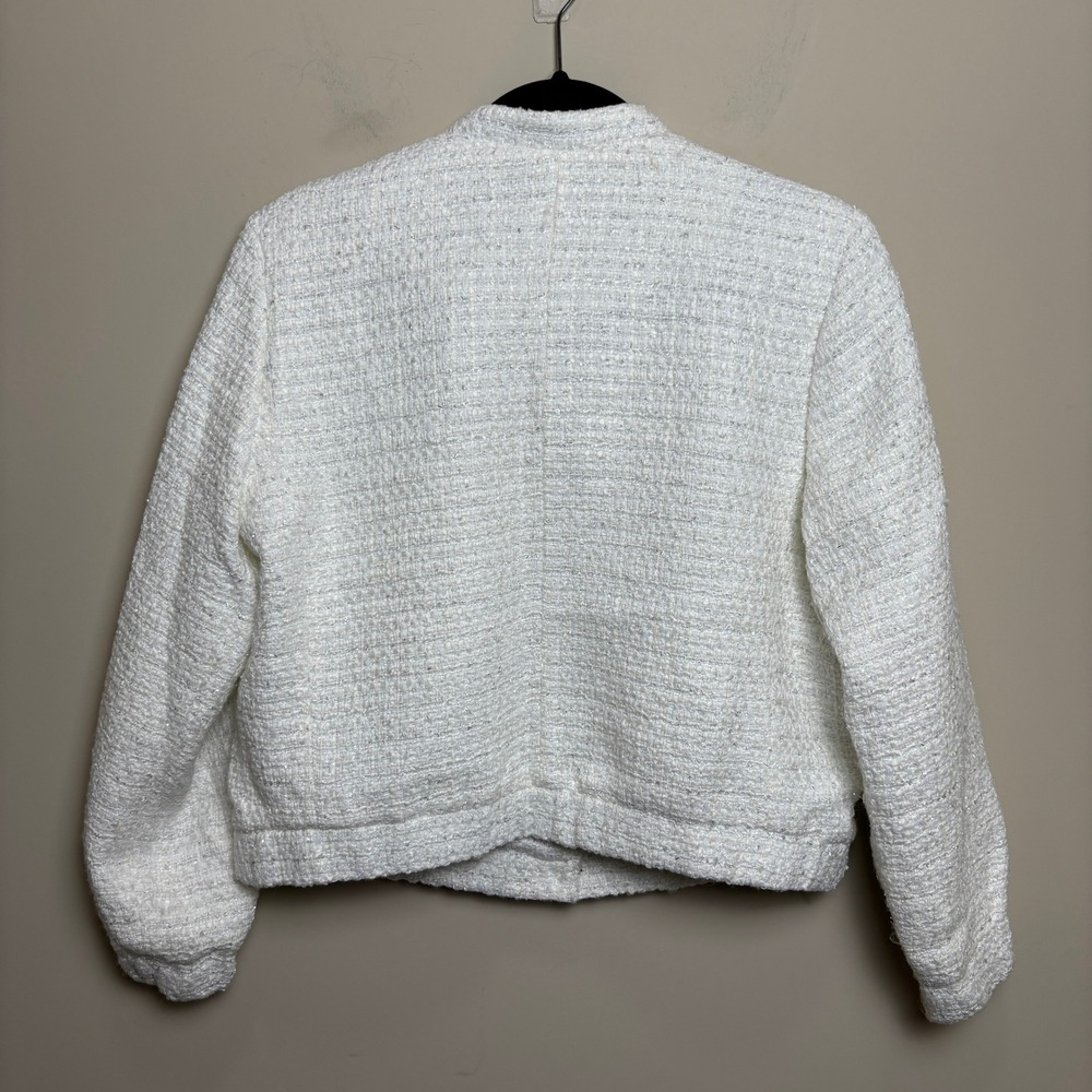 Talbots Petite Metallic Boucle Crop Silver Button Tweed Bomber Jacket Womens MP - Picture 5 of 9